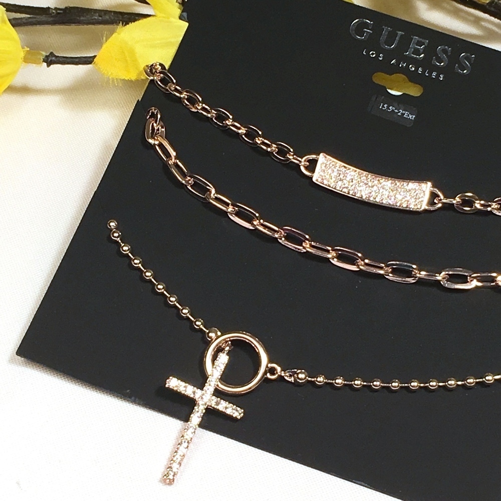 3/$30! GUESS Layered Necklace Cross Rose Gold